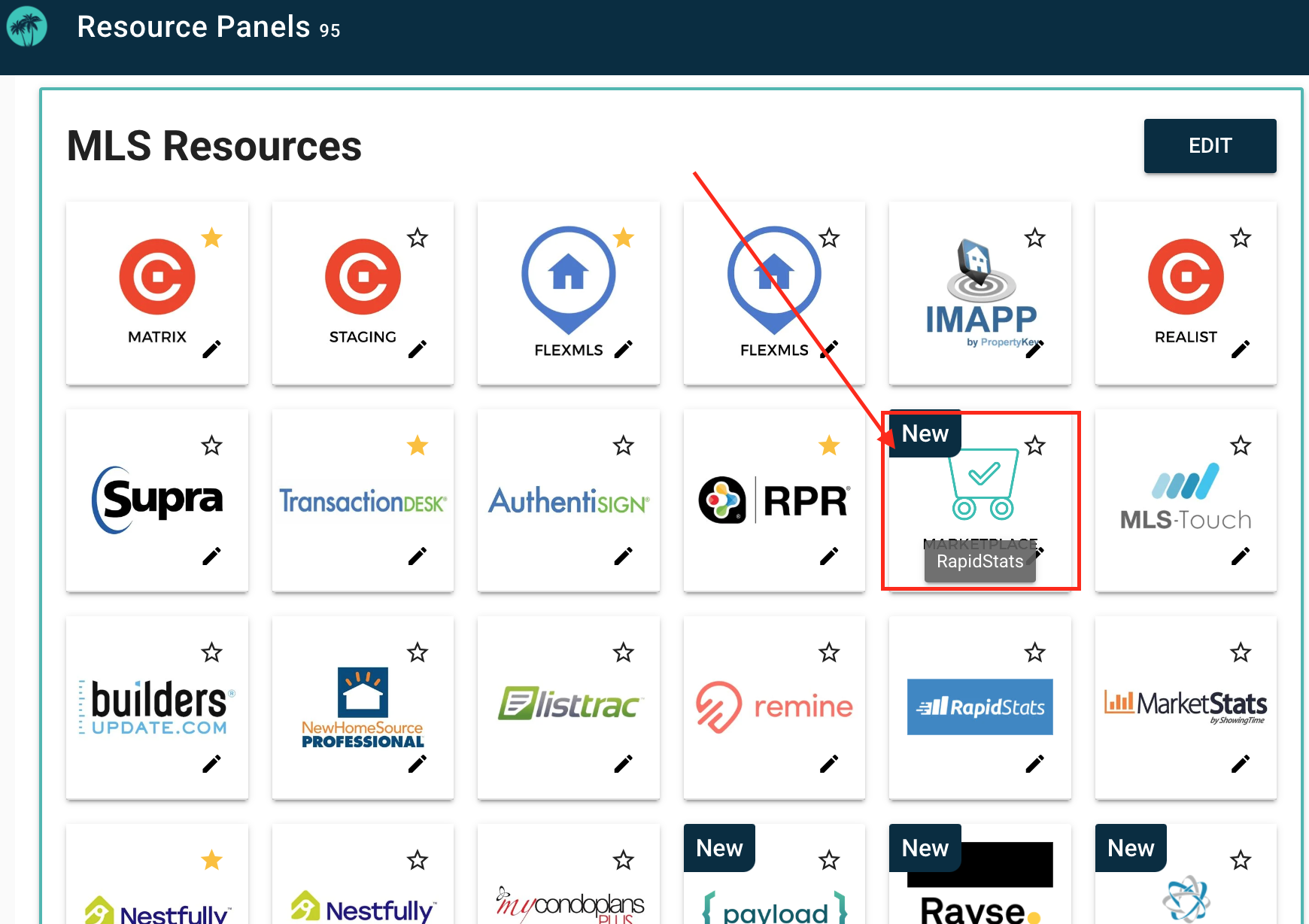 Captura de pantalla del panel de BeachesMLS mostrando la opción Marketplace