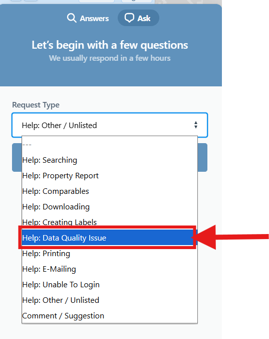 iMAPP request type menu showing Help Data Quality Issue selected
